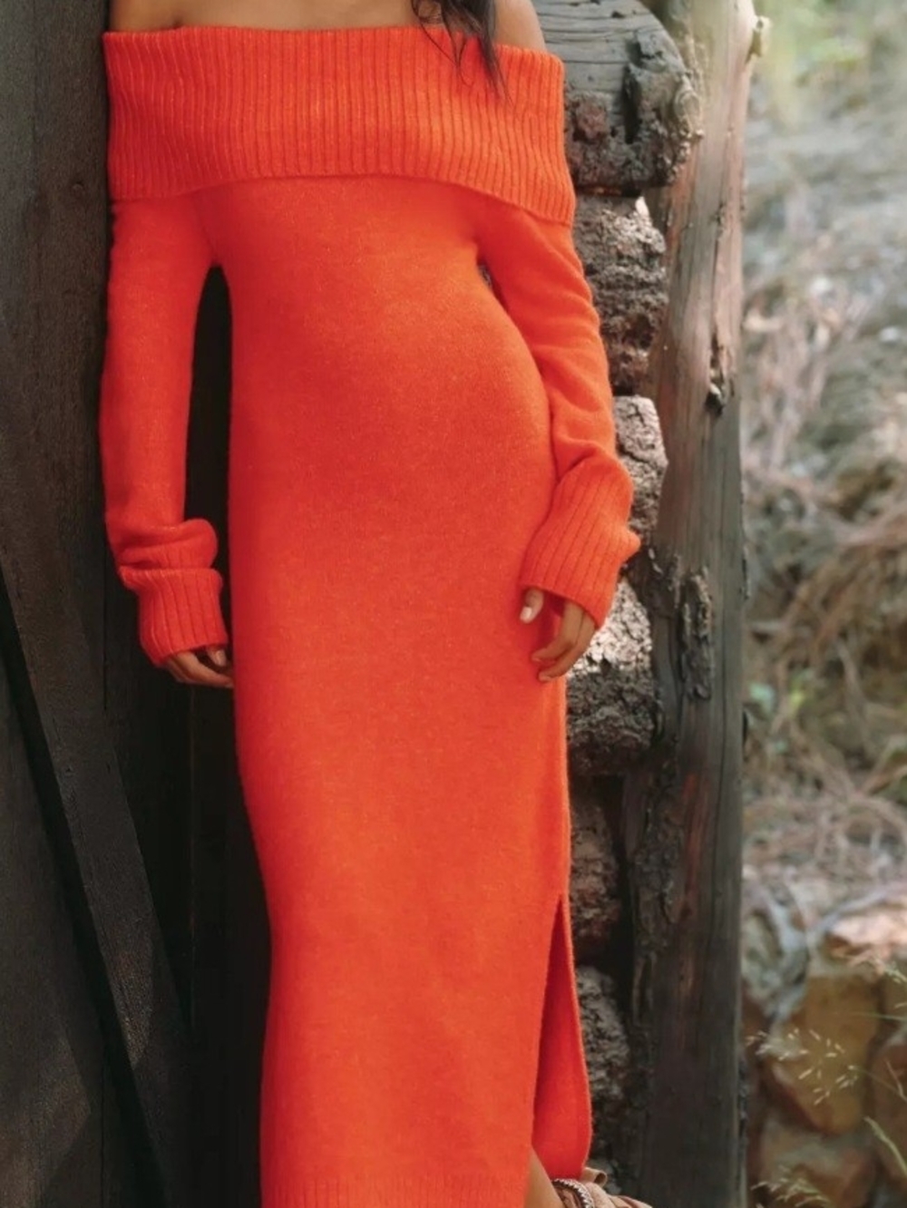 Off-Shoulder Maxi sweater Dress in Bright Orange